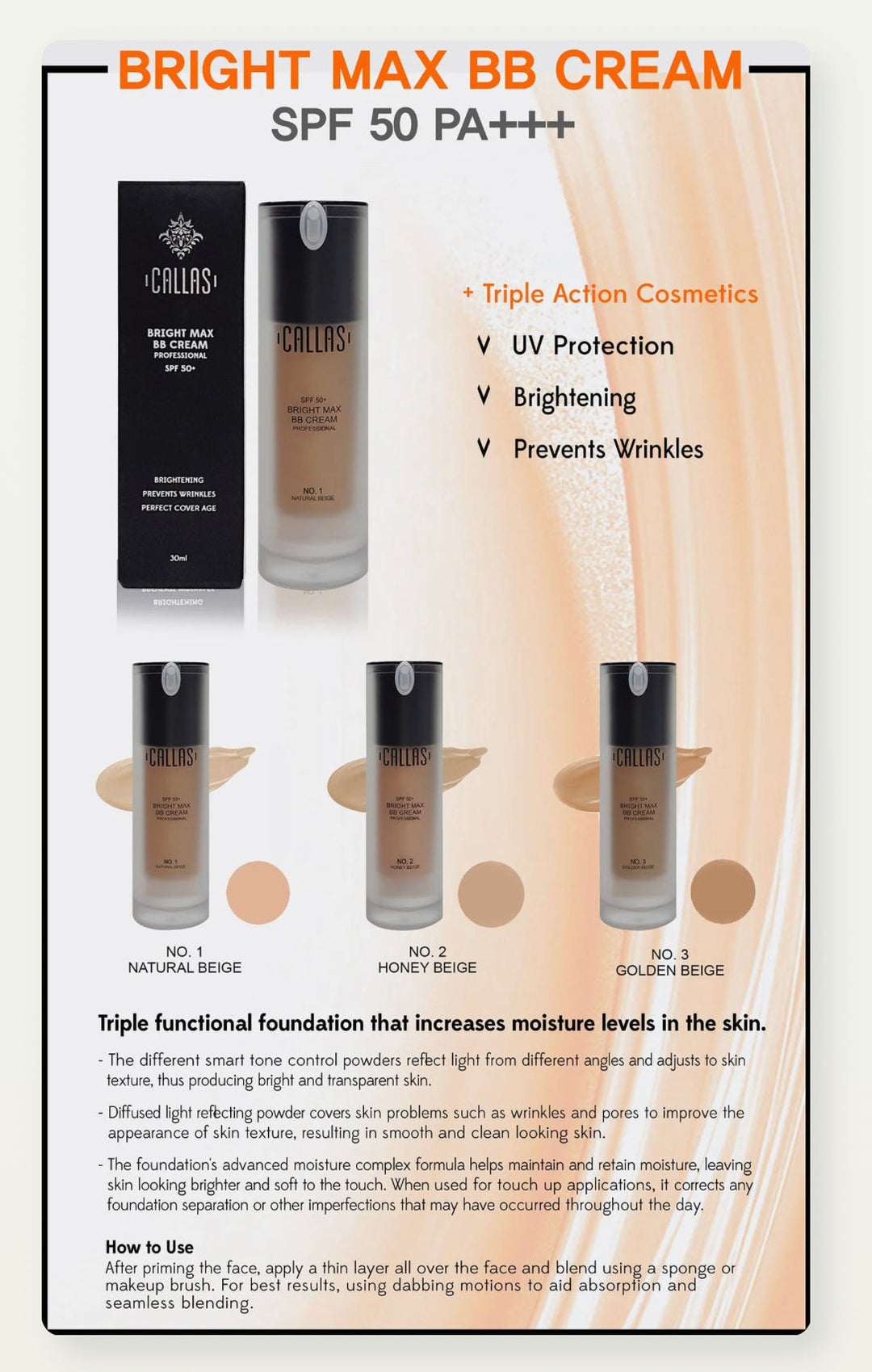 Callas Bright Max BB Cream Professional SPF50+ 02 Honey Beige